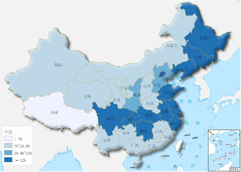 2017年全国31个省(市,自治区)65岁及以上老龄人口占比分布情况