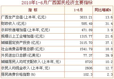 [广西]10年1-6月国民经济主要指标