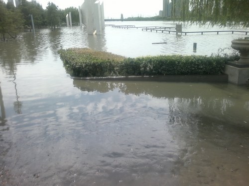 桥下的游乐设施已全部被淹，积水有40公分深