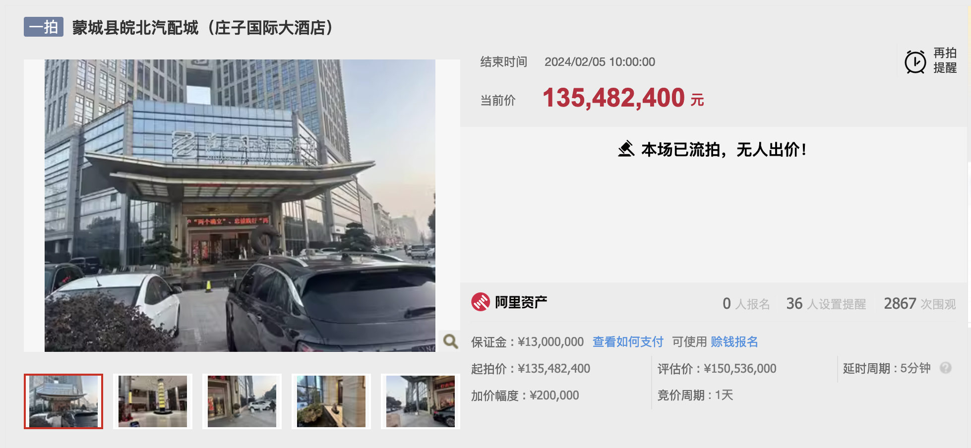 蒙城县皖北汽配城（庄子国际大酒店）首拍流拍，起拍价1.35亿元