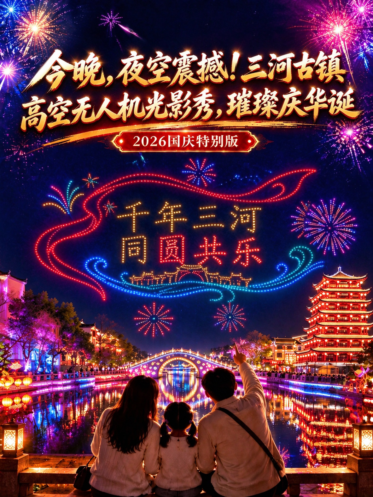 今晚，夜空震撼！三河古镇高空无人机光影秀，璀璨庆华诞